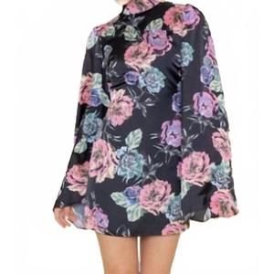 NEW FORE COLLECTION floral long sleeve mini dress in black